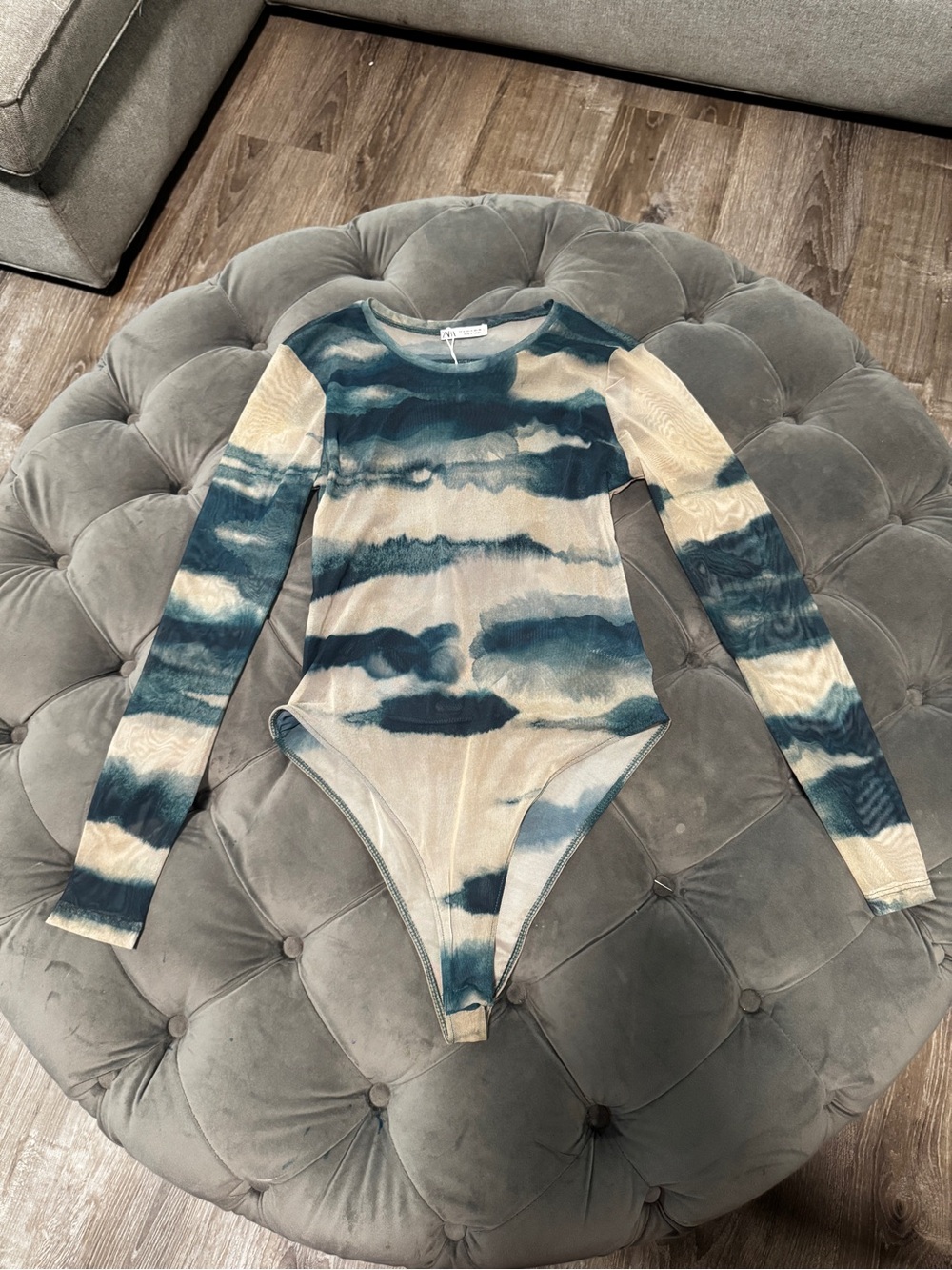 Zara Teal and Cream Tie-Dye Long-Sleeve Bodysuit